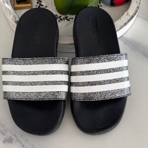 Adidas Kids Black and White Striped Sparkle Slide Sandals